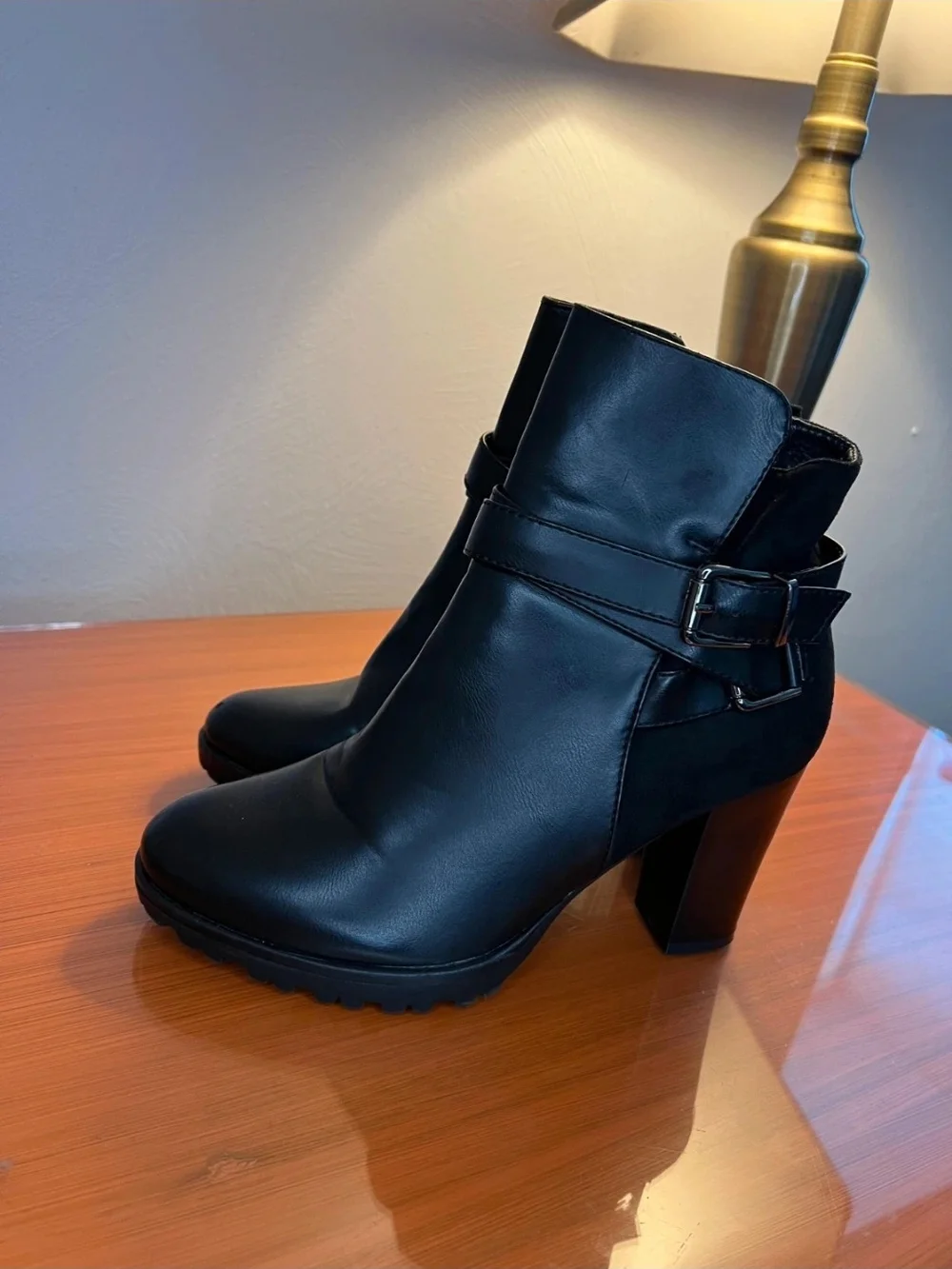 Black Women's High Heel Ankle Boot with Buckle Strap